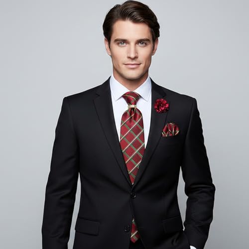 Image of 5PCS Mens Premium Silk Tie, Pocket Square, Cufflinks, Drilled Tie Ring and Lapel Pin Set for Wedding Groom Party