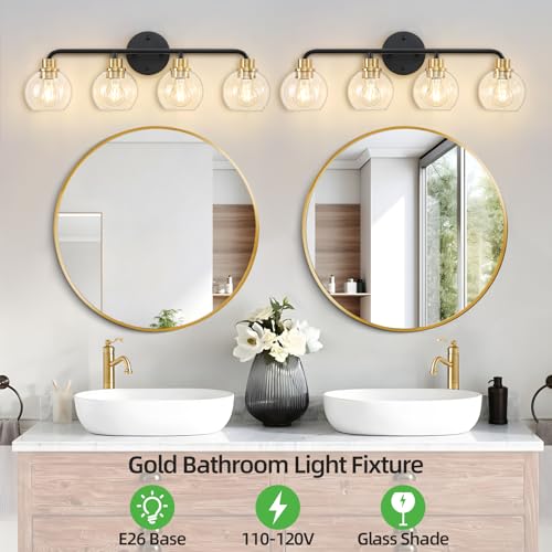 Image of 4 Light Bathroom Vanity Light, Black and Gold Bathroom Light Fixtures | with Clear Glass Shade Modern Wall Sconces Lighting Bath Wall Lights Lamp for Mirror Kitchen Living Room Bedroom Hallway