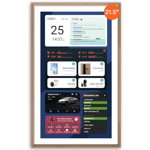 21.5-inch digital calendar display featuring a customizable interface with date, time, task reminders, smart home device statuses, and a grocery list, highlighting tech integration for smarter living in 2025.