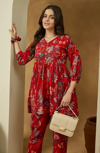 Image of Janasya Women's Red Pure Cotton Floral Printed Peplum Co-ord Set