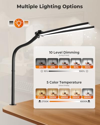 Desk Lamp with Clamp, 2400LM Architect Desk Lamp with Remote Control, Flexible Gooseneck Table Lamp, Eye-Caring Office Light for Home, Workbench, Study, Reading, and Drafting - Image 3