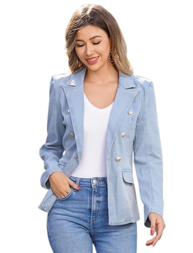IDOPIP Denim Blazer Jacket for Women Long Sleeve Button Down Casual Work Office Jeans Blazer Open Front Cardigan Blazer Coat
