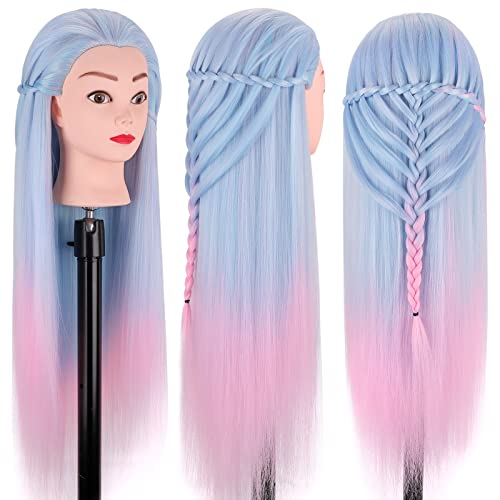 TopDirect Trainingskopf für Friseure 75cm/29.5 Zoll Frisurenkopf Langhaar 100% Synthetische Haare Übungskopf Friseur Puppe mit Flechthilfe & Halterung, Hellblau + Rosa