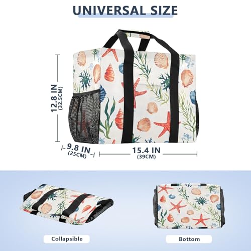 Large Waterproof Travel Tote Bag for Women Men, Watercolor Sea Life Seashells Starfish Canvas Beach Bag with Lining & Pockets - Reusable Grocery/Laundry/Kitchen/Pool/Picnic Tote (15.4x9.8x123