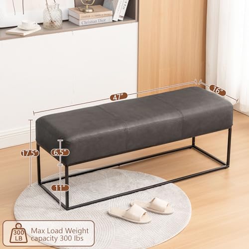 Image of Leather Entryway Bench, Modern Long Faux Leather Ottoman Bench Seat with Metal Frame, 47'' Upholstered Bedroom Bench for Living Room Entryway Window, Vintage Black