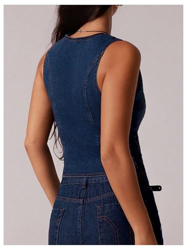 SHENHE Women's Denim Vest V Neck Button Down Y2k Sleeveless Jean Jacket Waistcoat with Pockets2