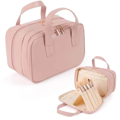 HERYEBING-Cosmetic-Bags-Large-Capacity-Makeup-Bag-PU-Leather-Waterproof-Toiletry-Bag-for-Women-Portable-Travel-Wash-Bag-Multi-Compartment-Makeup-Case-with-Handle-Pink