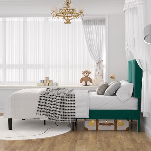 Image of VECELO Twin Size Bed Frame with Upholstered Headboard, Velvet Platform Bedframe Mattress Foundation, Strong Wood Slat Support, No Box Spring Needed,Green