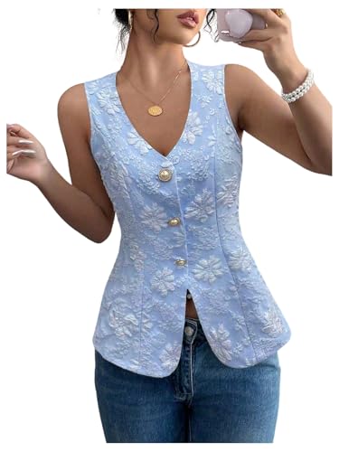 SHENHE Women's Summer Pearl Button Up Sleeveless Floral Textured Long Vest Dressy Top