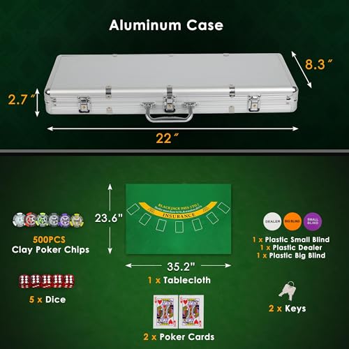 ORIENGEAR Poker Chip Set with Denominations, 500 PCS 14 Gram Clay Composite Casino Chips with Aluminum Case, 2 Decks of Cards and Game Tablecloth, for Texas Holdem Blackjack Gambling Games - Thumbnail 2