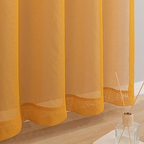 Image of Sheer Curtains 45 Inch Length for Living Room Bedroom, Rod Pocket Polyester Semi Sheer Privacy Drapes, Window Treatments Semi Crinkle Curtain Panels for Kitchen Doorway Divider, Yellow, 52 inch Wx 45 inchL