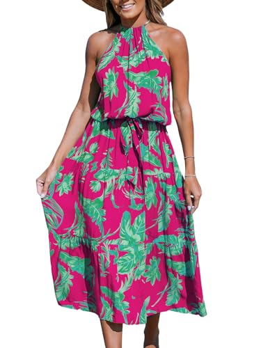 Image of CUPSHE Women's Midi Dress Halter Floral Sleeveless Belted Ruffled A Line Casual Summer Dress