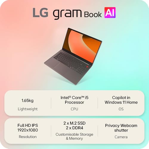 LG gram Book 15U50T - 15 Inch FHD IPS Lightweight Laptop, Intel Core i5 1334U, 16GB RAM, 512GB SSD, Windows 11 Home, Copilot, HD Webcam with Privacy Shutter, Titan Silver