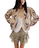 OPCAKM Chaqueta acolchada corta para mujer, ligera, con bordado de flores, abrigos acolchados, Caqui, XS
