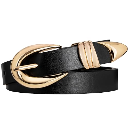 Womens Black Belt with Gold Buckle Fashion Womens Leather Belts for Jeans Pants