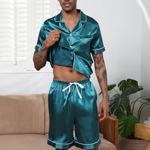 Xiaojmake Mens Silk Satin Pajama Set Short Sleeve Button Down Top Shorts Pjs Sets Loungewear Silky Sleepwear with Pockets2