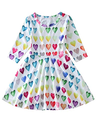 Girl Valentine Dress Kids Toddler Little Tween Love Heart Holiday 3/4 Long Sleeve Twirl Skater Dresses,6-12 Years2