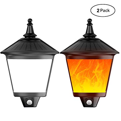 TR Turn Raise Lámpara de Pared Solar, IP65 Impermeable Sensor de Movimiento, Llamas Parpadeo y Iluminado Luz LED para Al aire Libre Jardín (2 Paquete)
