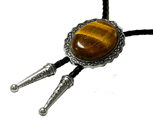Image of Moranse Bolo Tie with Natural Tiger Eye Stone Celtic Style Genuine and Cowhide Rope