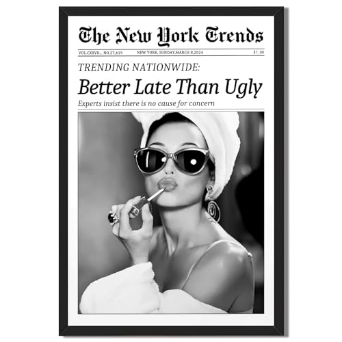 Framed Better Late Than Ugly Wall Decor Vintage Newspaper Wall Art Black and White...