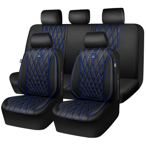 Image of CAR PASS Piping Luxury Leather Seat Covers Full Set,5 Seats Anti-Slip Waterproof Seat Covers Compatible with Front Armrests,Universal Fit for Sendan SUV Van Truck,Airbag Compatible,Black and Blue