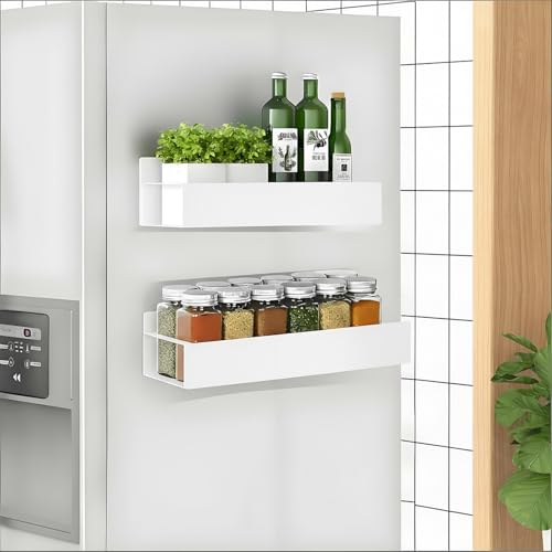 RichinMor Etagere Magnetique Frigo Blanche, Lot de 2 Etagere Aimantée pour Frigo avec Crochets, Métal Porte Épices Magnétique Range Epices Aimanté pour...