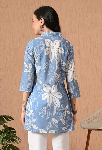 Image of Amazon Brand - Tavasya Women Ethnic Printed V-Neck Cotton Short A-line Kurta | Stylish Casual Everyday Office Top | 3 /4th Sleeve | Regular Fit