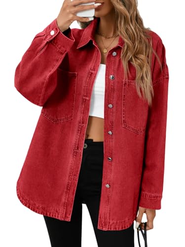 Tankaneo Womens Oversized Denim Shirt Jacket Button Down Long Sleeve Fall Casual Jean Shackets Red