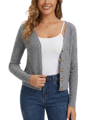 Enjyam Damen Kurze Strickjacke Elegant V Ausschnitt Strickweste mit Knöpfe Langarm Cardigan für Kleid Dirndl Jacke grau XL