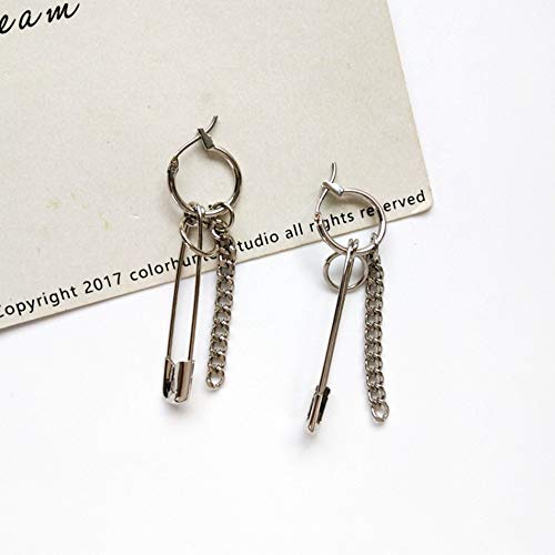 Safety Pin Chain Tassels Dangle Earrings Punk Silver Pin Dangle Earring with Hoop Jewelry for Men and Women (Silver)4