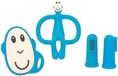 Matchstick Monkey, Antimicrobial Teething Starter Set - 1 Flat Face Teether, 1 Animal Teether, 2 Silicone Finger Toothbrushes, 3 Months Old+, Gigi Giraffe