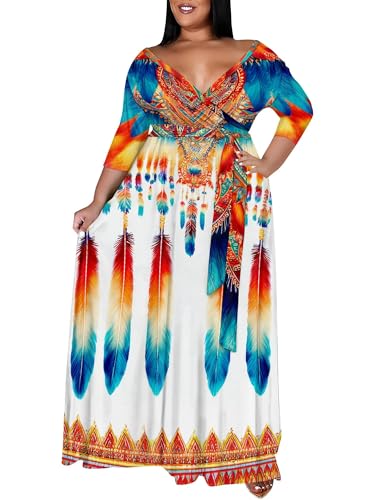 Image of SUZONANA Plus Size Maxi Dresses for Curcy Women Casual Loose 3 /4 Sleeve Long Dress with Belt