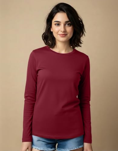 Image of JUNEBERRY Pure Cotton Round Neck Regular Fit Core Fashion Solid Full Sleeve T-Shirt for Women & Girls (Colors: Black, Cork, Green, Navy, Swanwhite & White)