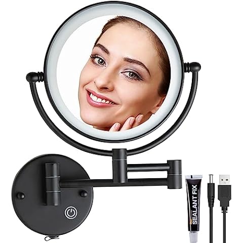 RECKODOR Rechargeable Wall Mounted 1X/5X Magnifying Bathroom Makeup Mirror with Light, Extended Arm 360 Rotation 8" Shaving Vanity Mirror, No Pre-Installed Wire and SEALANT FIX, Matt Black Cover