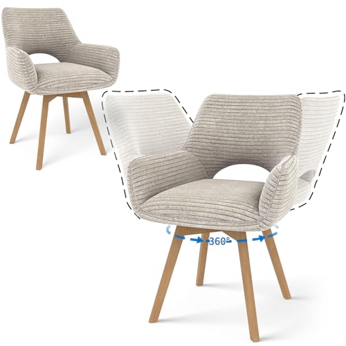 JIJIAN Lot de 2 Chaises de Salle à Manger Pivotantes à 360° avec Accoudoirs et Pieds en Bois, Chaise Moderne Rembourrée avec Dossier en Tissu pour Cuisine,...