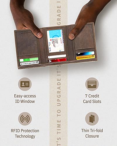 Image of Trifold Wallets for Men - Slim RFID Blocking Wallet for Securing Personal Data - Front Pocket Friendly Genuine Leather Wallet - Mens Wallets Trifold with ID Window - Tri Fold Wallet Gifts for Men