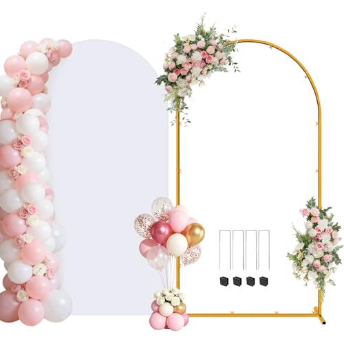 Chesjin Metal Arch Backdrop Stand and Cover Set 7.2FT Gold Wedding Backdrop Arch Frame Stand with Cover Balloon Arch Stand with White Arch Cover for Party Birthday Baby Shower Graduation Decorations