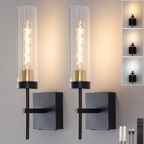 Image of Wall Sconces,Battery Operated Wall Sconce 8000mAh Black Fast Chargin Endurance 100 Hours Infinitely Dimmable 2 Color Bulbs 3000K /6000K with Remote Control Wireless Wall Lights for Bedroom Living