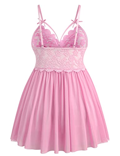 Avidlove Plus Lingerie Lace Babydoll Strap Chemise Nightgown V Neck Nightwear Sexy Sleepwear Sheer Mesh Nighty Pink XX-Large