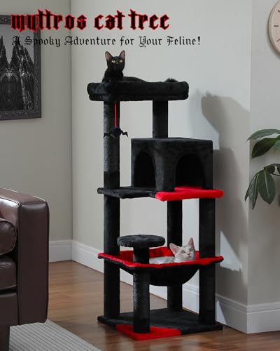 Image of MUTTROS Gothic Cat Tree with Super Large Hammock, 45.7 inch Black Cat Tower with Coffin Bed, Cat Condo, Sisal Scratching Posts & Top Perch, Multi-Level Goth Cat Tree, Halloween, Black