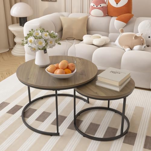 Kolavess Small Round Nesting Coffee Table Set of 2 for Living Room, 27.56 inch Wood Grain Faux Marble Modern Stacking Circle Coffee Table Side Table End Table with Metal Frame for Bedroom（Brown
