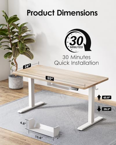 Image of TIQLAB Electric Standing Desk with Cable Tray, 55'' x 24'', Maple