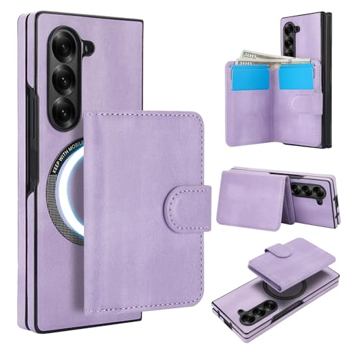 for Samsung Galaxy Z Fold 7 Case with 2 in 1 Detachable Magnetic Wallet, 4 Card Slots and Cash Slot,Compatible with MagSafe Wireless Charging, RFlD Blocking - Purple Purple Wallet