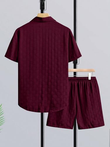 Image of GRECIILOOKS Men'S Summer Casual Two Piece Outfit, Textured Button Down Shirt and Shorts Set, Lightweight Poly Blend Co-Ord for Beach, Travel & Lounge Wear