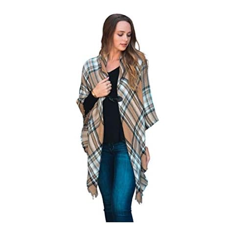 TD Collections Classic Flannel Poncho with Toggle Closure open front wrap poncho for women (Gray/Mustard) Cover