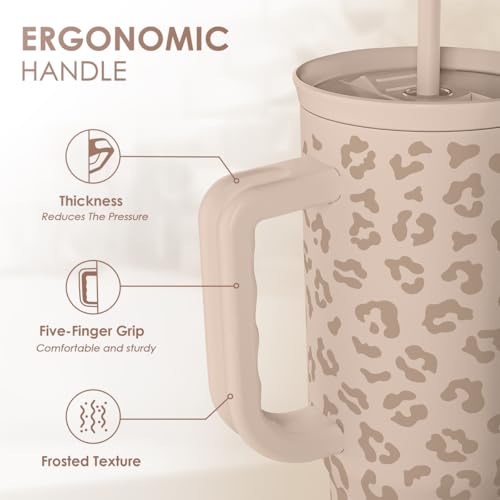 Image of SANDJEST Leopard Tumbler with Handle, Insulated Cup Stainless Steel Travel Mug Cup, Gifts for Women Girl on Birthday Christmas, Tan Leopard, 40oz