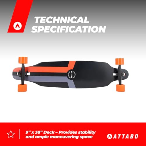 ATTABO Longboard FLOWRIDER in Schwarz - 9 x 38 Ahornholz-Deck, 7 Aluminiumachsen, ABEC-7 Kugellager, 70x51 mm 78A Rollen - Stabilität und Komfort für Stadtfahrten & Abfahrten