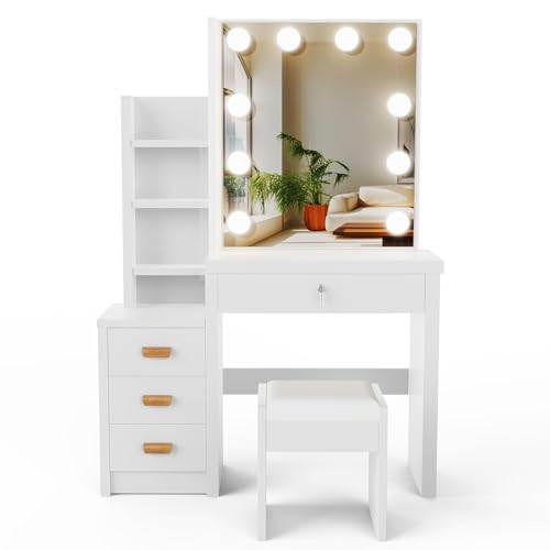 Oyajia Dressing Table with Mirror and Stool, Vanity Table with LED Lights and Adjustable Brightness, Vanity Desk with Mirror, Makeup Desk for Bedroom, For Adults Women Girls Bedroom - Image 8