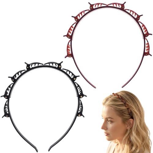 STSTR 2 Pcs Hair Clip Headband, 90s Braided Hairpin Headband for Women, Plastic Non-Slip Weave Bangs Clip with Teeth, Hairstyle Accessories for Hair Decoration - Black, Brown