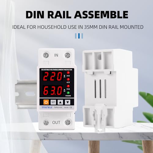 Image of HIVAGI Taxnele 63A 230V Digital Energy Meter with Over /Under Voltage & Overload Protection | Adjustable Voltage Protector with Auto Reconnect, Dual LED Display, DIY Din Rail Installation